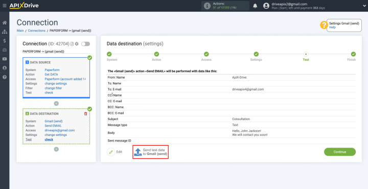 Integración de Paperform y Gmail | Haga clic en "Enviar datos de prueba a Gmail"