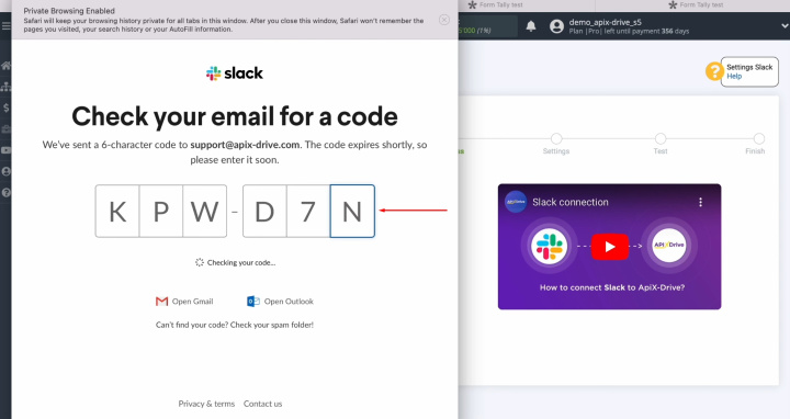 Integración de Tally y Slack | Indica el código que te fue enviado a tu correo