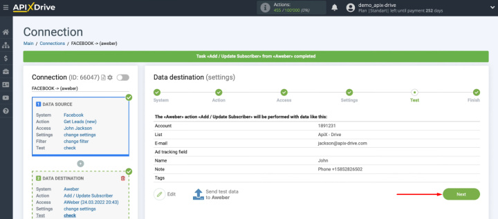 Cómo integrar AWeber y Facebook | Regresar al ApiX-Drive y continuar con la configuración