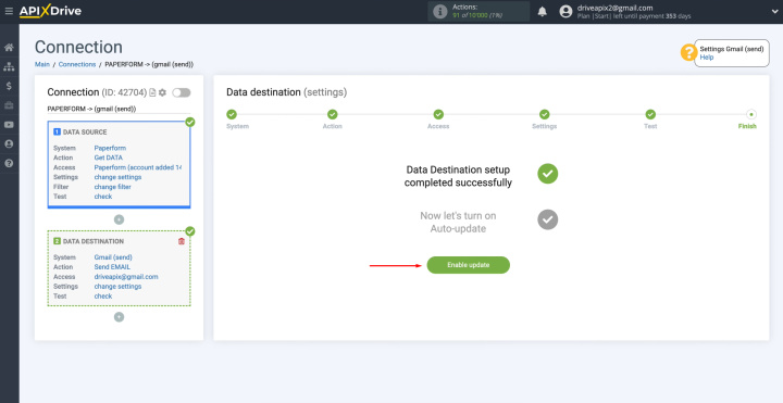 Integración de Paperform y Gmail | Haga clic en el botón verde “Habilitar actualización”