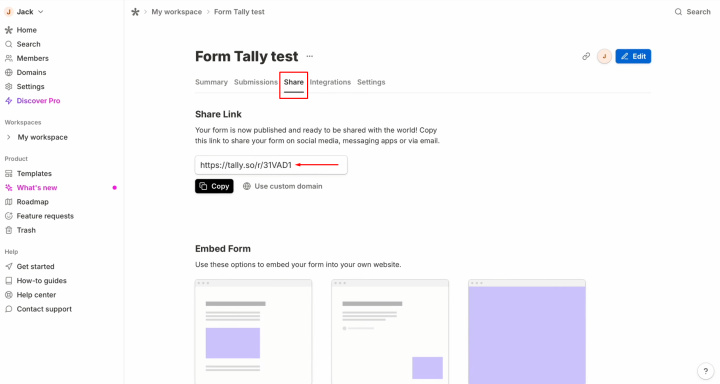 Integración de Tally y ActiveCampaign | Vaya a la sección Share y copie el enlace