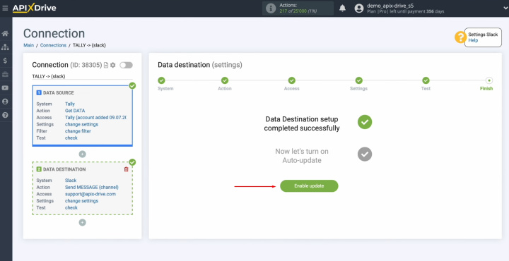 Integración de Tally y Slack | Haz clic en el botón verde “Habilitar actualización”