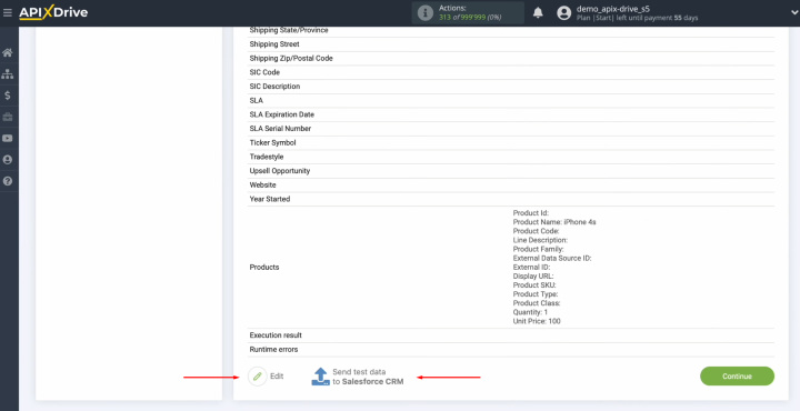 Integración de Salesforce CRM y Webflow | Haga clic en "Edit" o en "Send test data to Salesforce CRM"