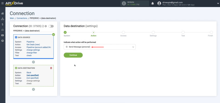 Integración de Pipedrive y Slack | Seleccione la acción “Enviar mensaje (personal)”