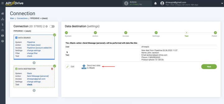 Integración de Pipedrive y Slack | Haga clic en "Enviar datos de prueba a Slack".