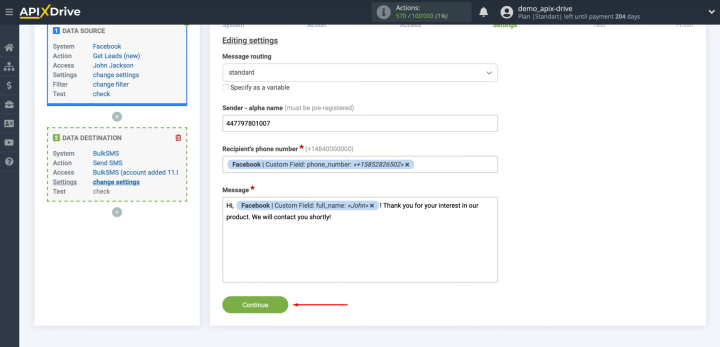 Integración de Facebook y BulkSMS | Una vez completados todos los campos necesarios, haga clic en “Continuar”
