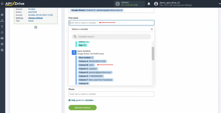 Integración de Google Sheets y Airtable | Asignar variables de Google Sheets a campos