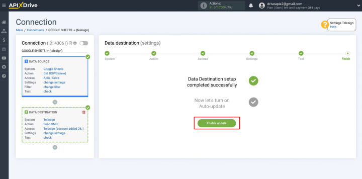 Integración de Google Sheets y Telesign | Haga clic en "Habilitar actualización"