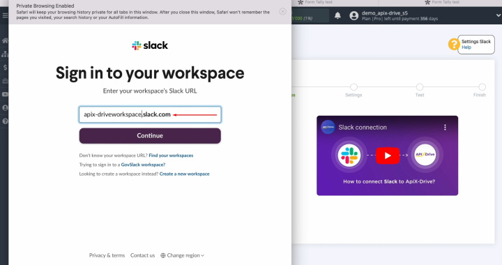 Integración de Tally y Slack | Pegue el espacio de trabajo copiado en el campo correspondiente