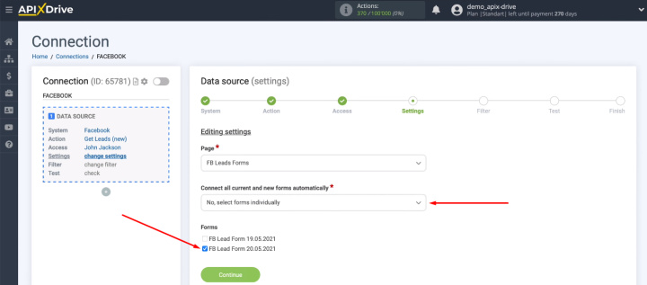 Integración de Facebook y Slack | Seleccionar formularios individuales manualmente