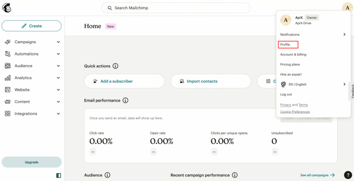 Integración de Airtable y MailChimp | Vaya a su perfil en la cuenta personal de MailChimp