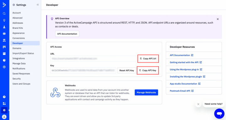 Integración de Tally y ActiveCampaign | Copiar la URL y la API key