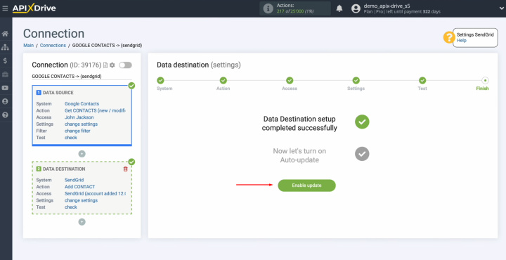 Integración de Google Contacts y SendGrid | Haga clic en “Habilitar actualización”