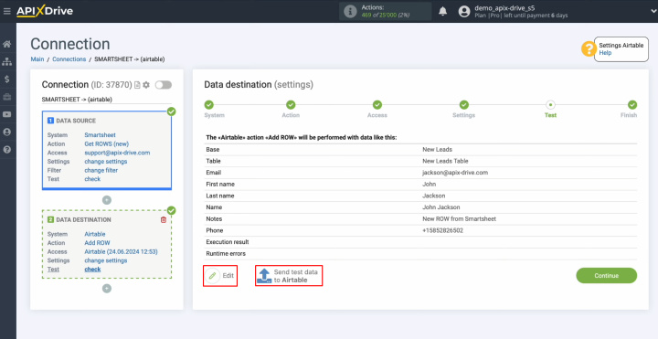 Integración de Smartsheet y Airtable | Haga clic en "Enviar datos de prueba a Airtable"