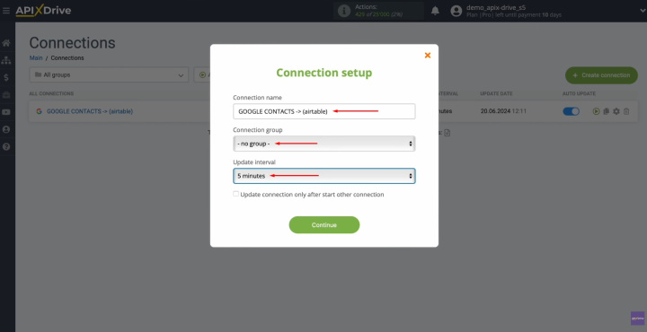 Integración de Google Sheets y Airtable | Seleccione el intervalo para el funcionamiento de la conexión.