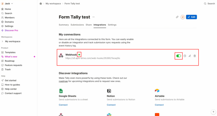 Integración de Tally y ActiveCampaign | Compruebe que el sistema Webhook esté habilitado