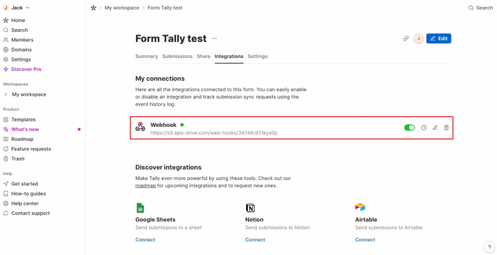 Integración de Tally y Slack | Compruebe que el sistema de webhook esté activado