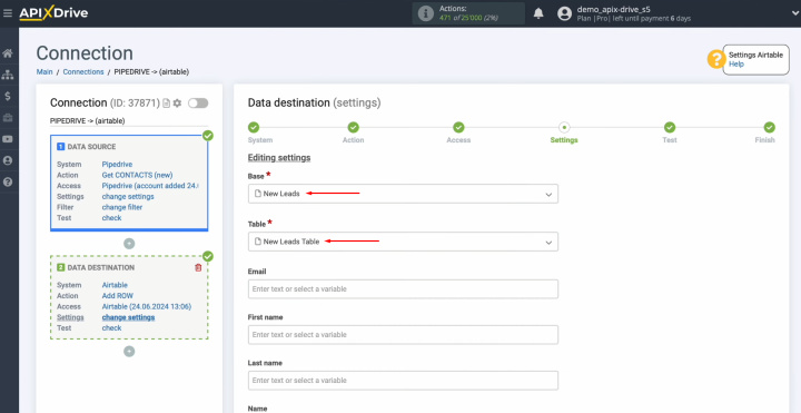 Integración de Pipedrive y Airtable | Seleccione la base y la mesa