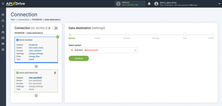 Integración de Facebook y BulkSMS | Seleccione BulkSMS