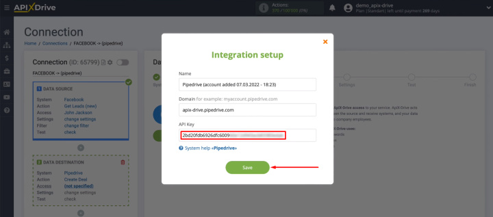 Integración de Facebook y Pipedrive | Inserte la clave API en ApiX-Drive