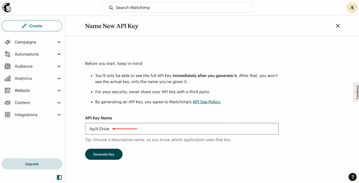 Integración de Airtable y MailChimp | Especifique un nombre para la nueva clave y haga clic en "Generar clave"