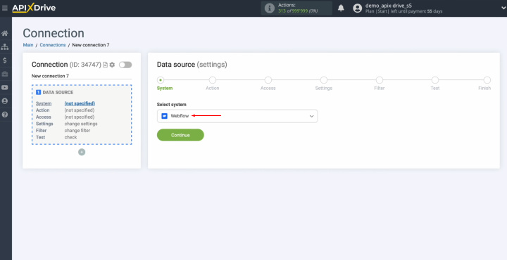 Integración de Webflow Salesforce | Seleccione el sistema de fuente de datos