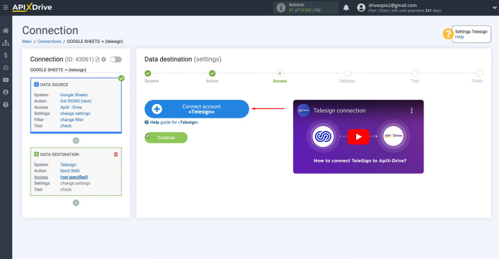 Integración de Google Sheets y Telesign | Conecte su cuenta al ApiX-Drive