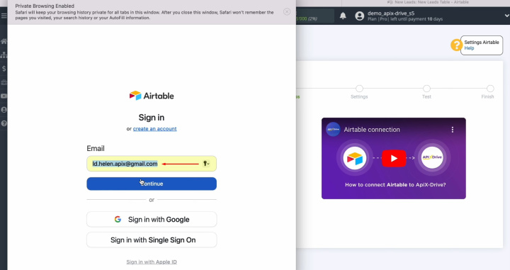 Integración de Google Sheets y Airtable | Especifique el inicio de sesión de su cuenta personal de Airtable