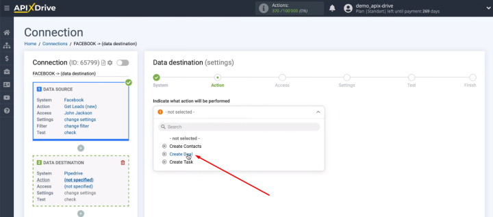 Integración de Facebook y Pipedrive | Seleccione la acción "Crear trato"
