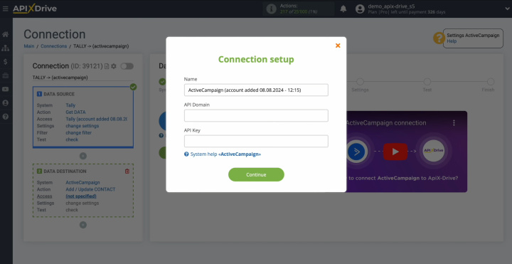 Integración de Tally y ActiveCampaign | Ventana para especificar el API domain y la API key