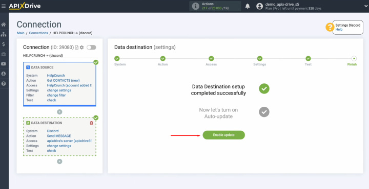 Integración de HelpCrunch y Discord | Haz clic en “Habilitar actualización”