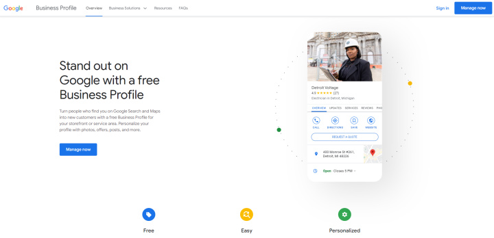 Cómo construir una página comercial de Google | «Sign in» o «Manage now»