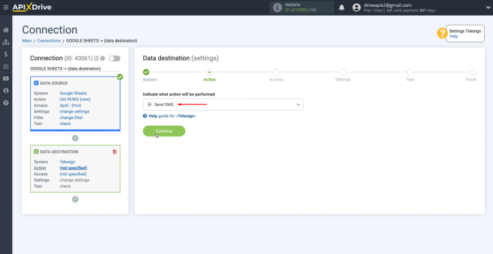 Integración de Google Sheets y Telesign | Selecciona la acción "Enviar SMS"