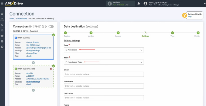 Integración de Google Sheets y Airtable | Selecciona la base y elige la mesa.