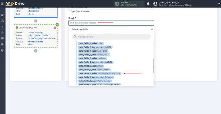 Integración de Tally y ActiveCampaign | Haga clic en el campo y seleccione una variable de la lista desplegable