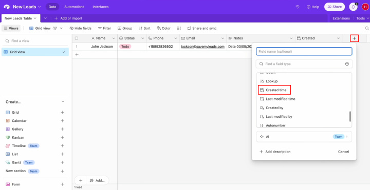 Integración de Airtable y MailChimp | Presione "más" y seleccione la columna "Hora de creación"