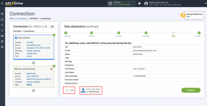 Integración de Airtable y MailChimp | Haga clic en "Enviar datos de prueba a MailChimp"