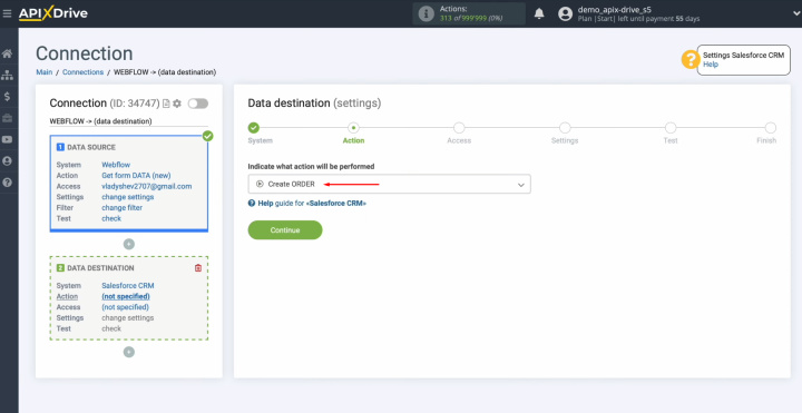 Integración de Webflow y Salesforce | Seleccione una acción