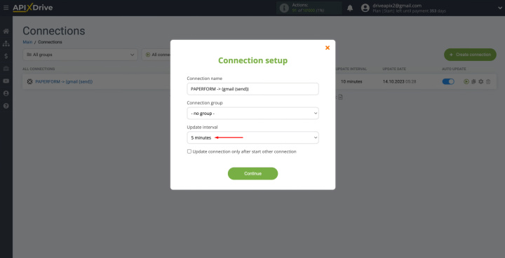 Integración de Paperform y Gmail | Seleccione el intervalo para el funcionamiento de la conexión.