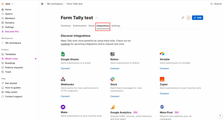 Интеграция Tally и ActiveCampaign | Перейдите к разделу «Integrations»