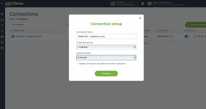Интеграция Webflow и Salesforce | Выберите интервал работы соединения