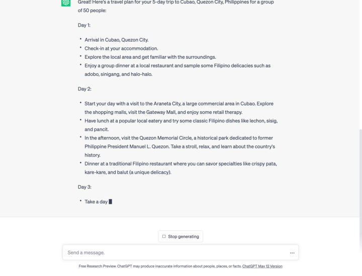 ChatGPT создает подробную программу путешествия