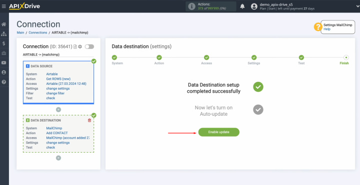 Интеграция Airtable и MailChimp | Нажмите на зеленую кнопку «Включить обновление»