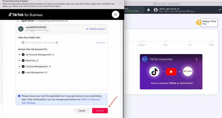 Интеграция TikTok и Google Sheets | Предоставьте ApiX-Drive доступ для работы с вашим аккаунтом