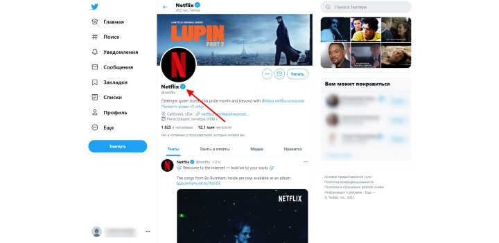 Как получить синюю галочку в Twitter | Пример галочки в аккаунте компании Netflix