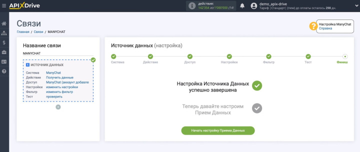 Интеграция ManyChat и Telegram | Источник данных настроен