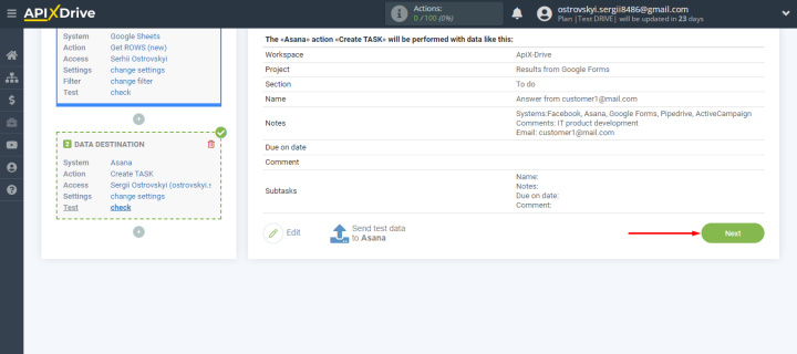 Настройка Asana | Возвращаемся в ApiX-Drive и продолжаем настройку