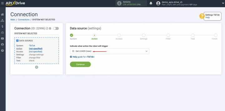 Интеграция TikTok и Google Sheets | Выберите действие «Получить ЛИДЫ (новое)»