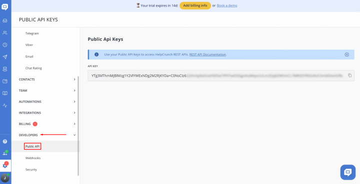 Интеграция HelpCrunch и Discord | Щелкните «Публичный элемент API»