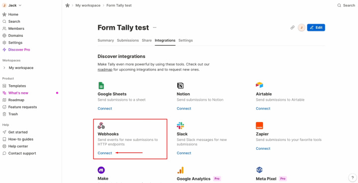 Интеграция Tally и Slack | Найдите вебхук и нажмите «Подключить»